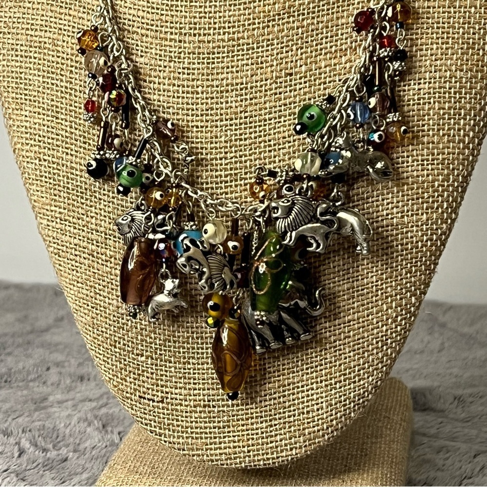 Vintage Glass Bead Animal Silver colored Charm Necklace 18in